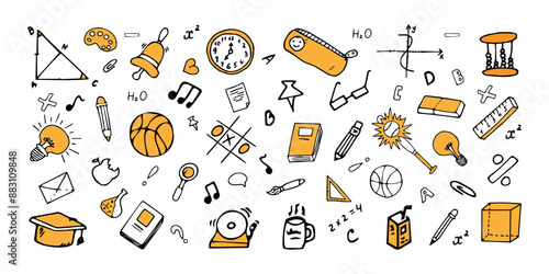 Back to School, Doodles. Set Office Supplies. Collection Education Elements. Vector Illustration Hand Drawn, Book, Clock, Cube, Bulb, Basketball, Book, pen, notes, Brush, Magnifying glass.