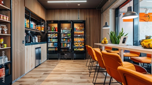 Modern Office Kitchenette with Snack Vending Machines and Seating. photo