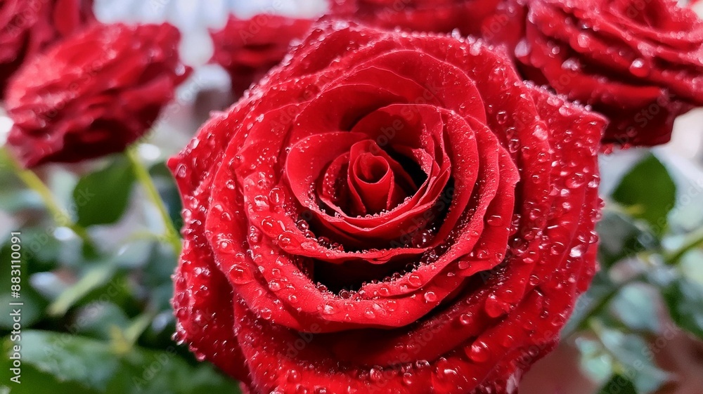 A close-up of a red rose in full bloom, dewdrops on petals enhancing its beauty, ideal for romantic and elegant designs A close-up of a red rose in full bloom, dewdrops on petals enhancing its beauty, ideal for romantic and elegant designs