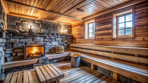 Wallpaper Mural An old, rustic sauna room with wooden benches and a stone heater , vintage, traditional, relaxation, sauna, steam, hot, wooden Torontodigital.ca
