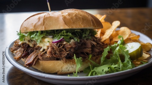 Scrumptious Pulled Pork Sandwich with Lettuce and Pickle on the Side photo