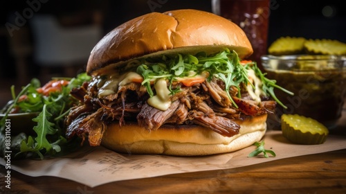 Scrumptious pulled pork sandwich with fresh arugula and creamy mayonnaise sauce photo