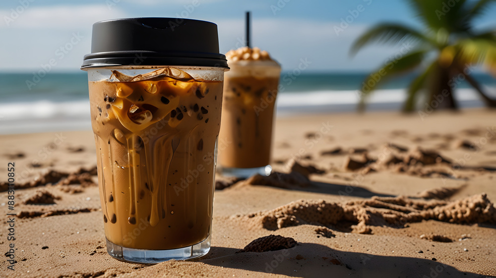 Refreshing Iced Coffee Overlooking a Serene Ocean View Refreshing Iced Coffee Overlooking a Serene Ocean View