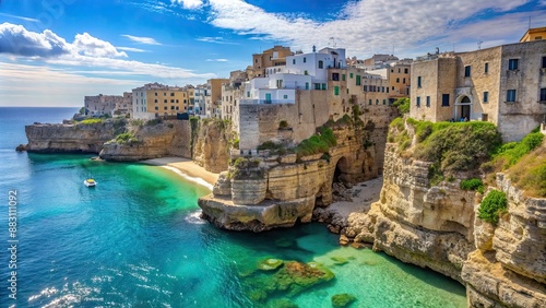 Fototapeta Naklejka Na Ścianę i Meble -  Cityscape of Polignano a Mare beach with beautiful cliffs and turquoise waters of the Adriatic sea , Polignano a Mare
