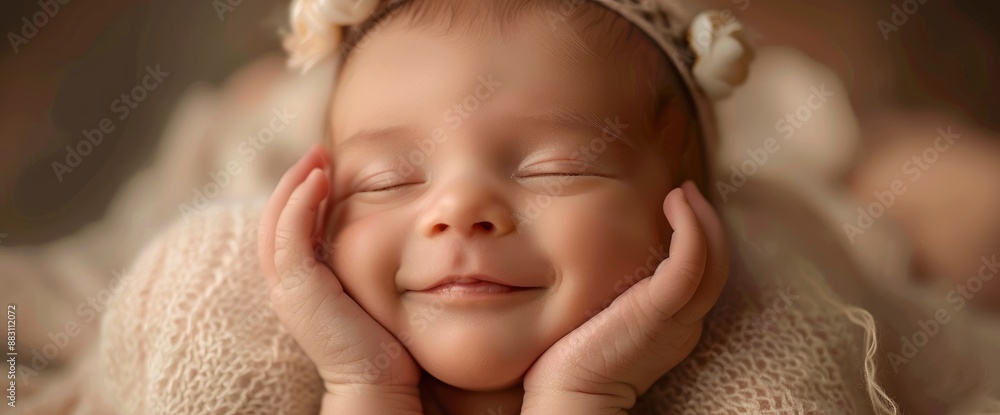 A newborn baby, sleeping peacefully in mother's hands, smiling softly A newborn baby, sleeping peacefully in mother's hands, smiling softly