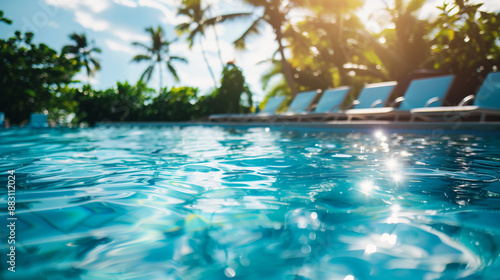 Summer pool. Swimming blue waters. Sunny day poolside. Crystal clear water. Sunshine and beach chairs. © Silard