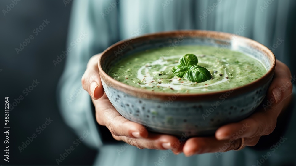 A close-up shot of hands presenting a ceramic bowl of creamy green soup, artistically garnished with basil leaves, reflecting culinary creativity and attention to detail. A close-up shot of hands presenting a ceramic bowl of creamy green soup, artistically garnished with basil leaves, reflecting culinary creativity and attention to detail.