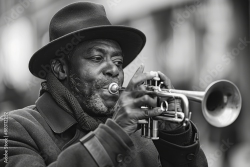 A trumpet player wearing a hat and playing a trumpet in a street, Generative AI