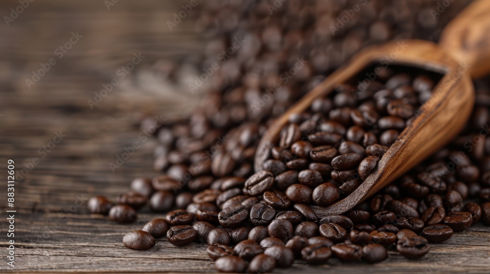 Fototapeta premium A detailed close-up shot of dark coffee beans overflowing from a wooden scoop, placed on a rustic wooden background, emphasizing the rich aroma and texture.
