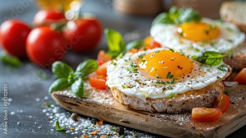 Two slices of crispy toast topped with perfectly cooked sunny-side eggs, topped with fresh basil and served with vibrant cherry tomatoes, creating a delightful meal.