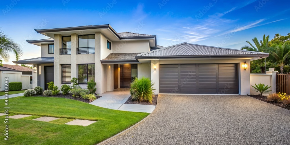 Fototapeta premium Modern Australian suburban home, sunlit front garden, driveway, Gold Coast, Queensland