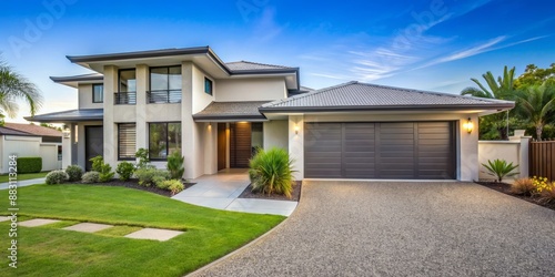 Modern Australian suburban home, sunlit front garden, driveway, Gold Coast, Queensland
