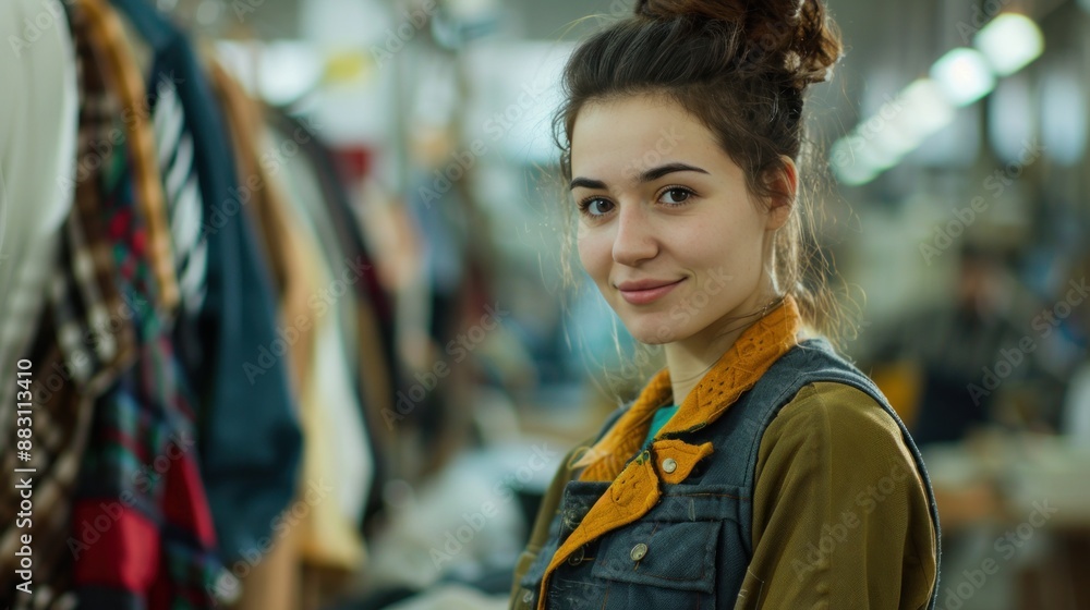 Fashion designers and happy seamstress working in style. Weaving factory setting. Blurry background Fashion designers and happy seamstress working in style. Weaving factory setting. Blurry background