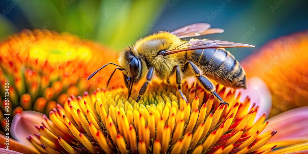 Close-up of a yellow bee gathering pollen on a vibrant flower, bee, flower, macro, photography, insect, yellow, nature Close-up of a yellow bee gathering pollen on a vibrant flower, bee, flower, macro, photography, insect, yellow, nature