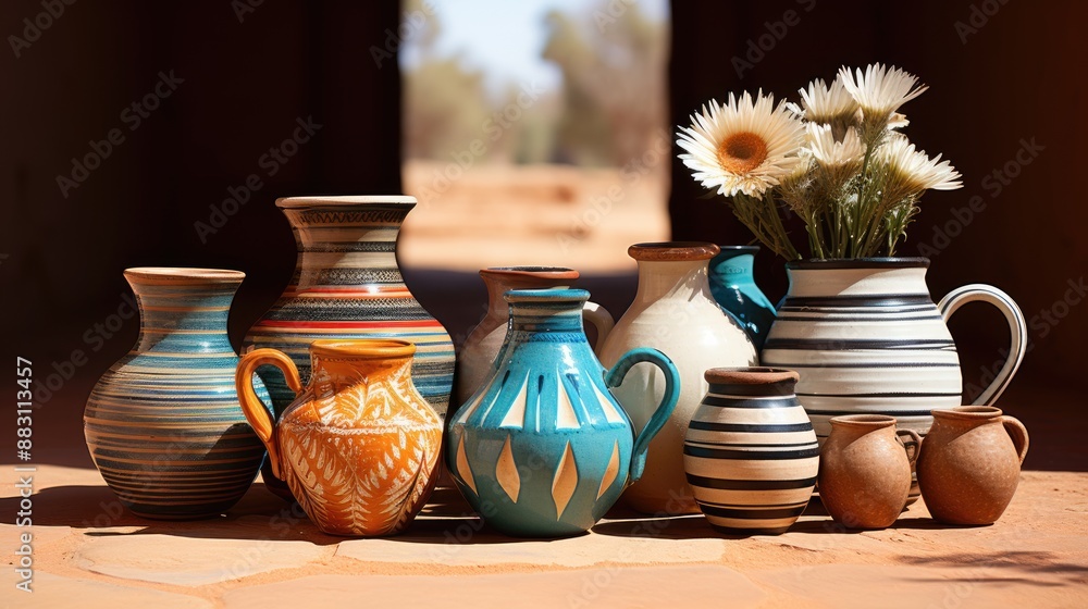 A set of artisanal, handcrafted pottery pieces, showcasing craftsmanship and artistry A set of artisanal, handcrafted pottery pieces, showcasing craftsmanship and artistry