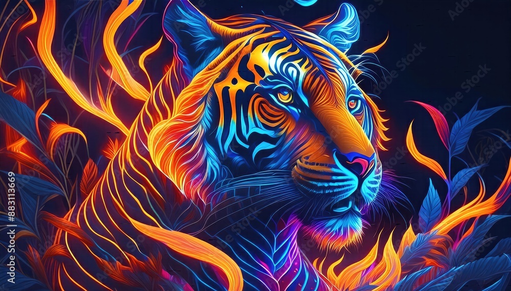 Fototapeta Tiger tattoo art, tiger neon lights - tattoo art, fantasy effect with fire 