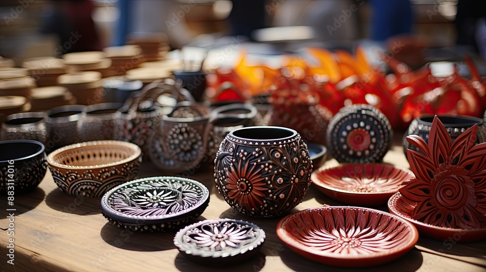 A set of artisanal, handcrafted pottery pieces, showcasing craftsmanship and artistry A set of artisanal, handcrafted pottery pieces, showcasing craftsmanship and artistry