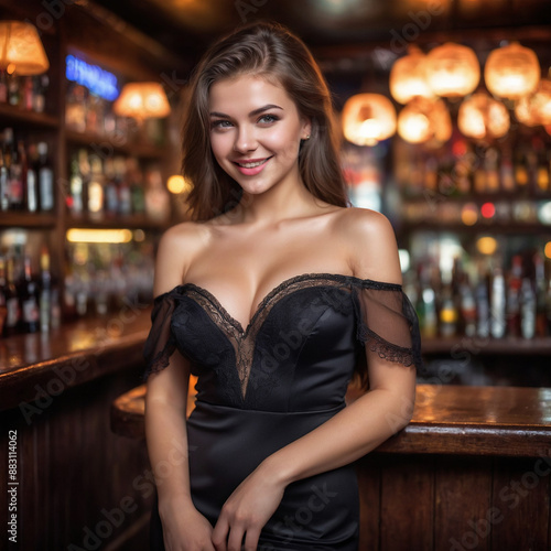 Elegant young woman standing gracefully in a bar, showcasing timeless beauty and style.