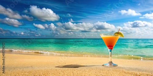 Cocktail on sandy beach with turquoise water in background, cocktail, beach, summer, tropical, vacation, relaxation, paradise