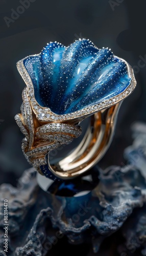 A ring with an oyster shell and blue enamel, set with diamonds in the shape of waves, is placed on black glass. photo