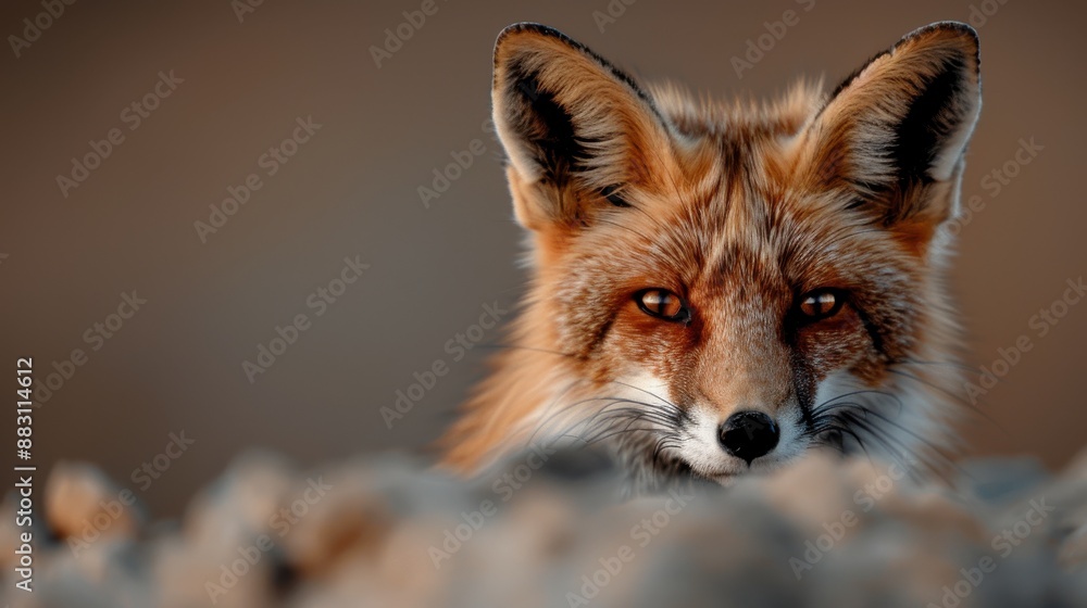 Fototapeta premium A close-up of a cunning fox peeking from behind rocks with intensely focused eyes, displaying its sharp features and reddish-brown fur in a natural, wild setting.