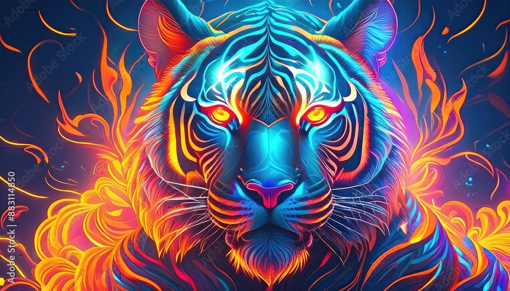 Tiger tattoo art, tiger neon lights - tattoo art, fantasy effect with fire Tiger tattoo art, tiger neon lights - tattoo art, fantasy effect with fire