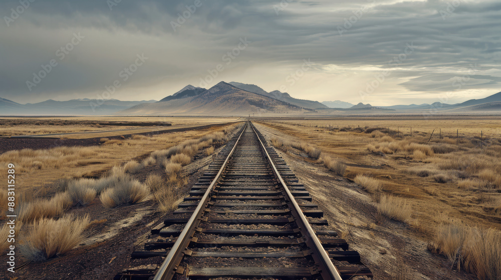 horizontal image of a railway in desolated desertic landscape in a grey cloudy day horizontal image of a railway in desolated desertic landscape in a grey cloudy day
