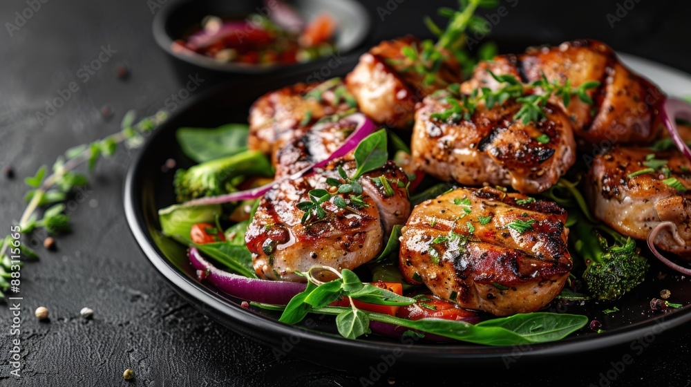 Delicious grilled chicken thighs served on a black plate garnished with fresh herbs and vegetables, perfect for a hearty meal. High-quality culinary stock photo. Delicious grilled chicken thighs served on a black plate garnished with fresh herbs and vegetables, perfect for a hearty meal. High-quality culinary stock photo.