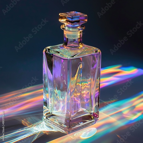 The detailed interior of a clear bottle with subtle, colorful light reflections and shadows photo