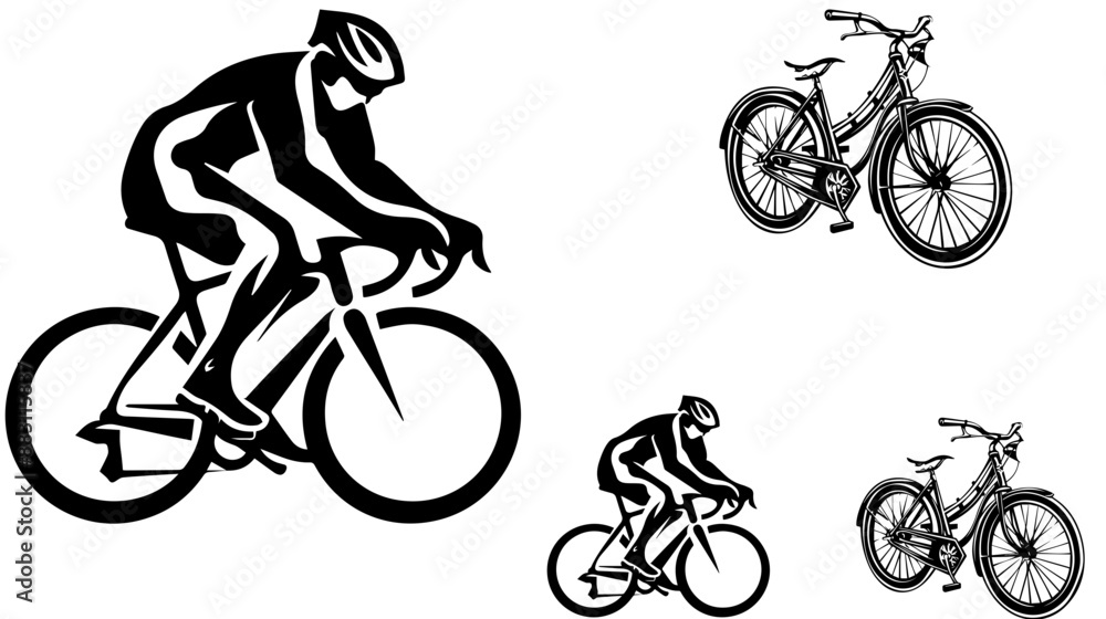 Obraz premium illustration of racing bicycle,Man, woman and child bicycles detailed vector silhouette collection