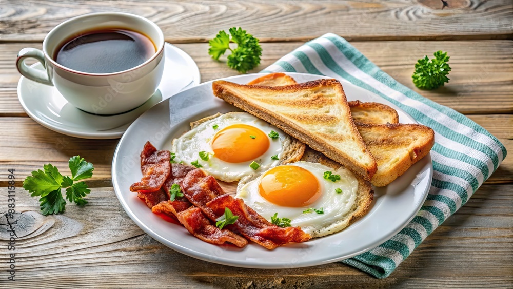 Breakfast meal with sunny side up eggs, crispy bacon, toast, and a cup of coffee , Morning, breakfast, sunny side up, eggs, bacon Breakfast meal with sunny side up eggs, crispy bacon, toast, and a cup of coffee , Morning, breakfast, sunny side up, eggs, bacon