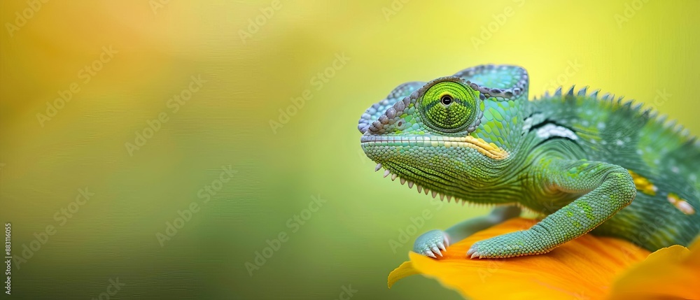 Close-up of a vibrant green chameleon resting on a leaf against a blurry, warm background. Perfect for wildlife and nature themes. Close-up of a vibrant green chameleon resting on a leaf against a blurry, warm background. Perfect for wildlife and nature themes.