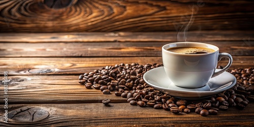 Coffee cup on wooden table with coffee beans, Coffee, cup, wood, table, drink, espresso, aroma, beans, beverage, morning, rustic