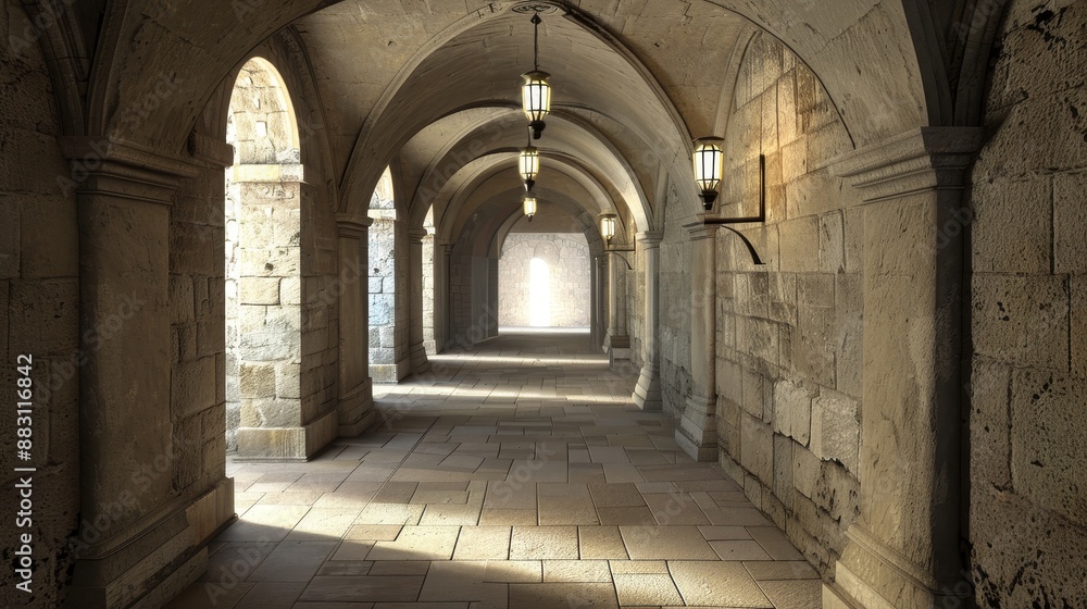 Old Castle Corridor with Stone Walls and Mysterious Atmosphere. 3D Generated Image of Medieval Architecture and History Old Castle Corridor with Stone Walls and Mysterious Atmosphere. 3D Generated Image of Medieval Architecture and History