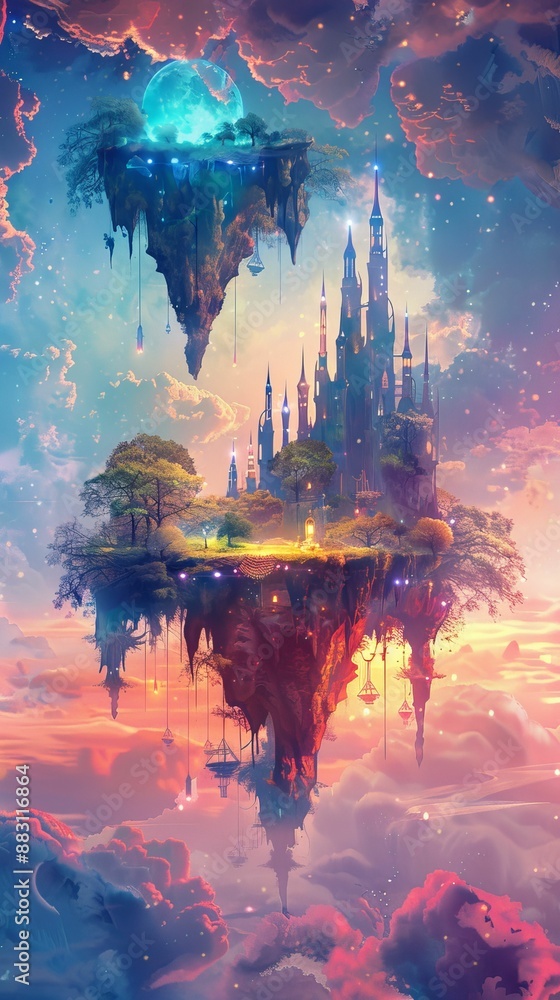Fototapeta premium Surreal dreamscape with floating islands and ethereal lighting, Dreamlike, Vibrant hues, Digital art
