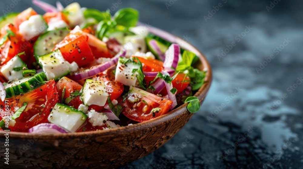 A vibrant Greek salad consisting of fresh tomatoes, cucumbers, red onions, feta cheese, and herbs, perfect for a healthy and delicious meal. A vibrant Greek salad consisting of fresh tomatoes, cucumbers, red onions, feta cheese, and herbs, perfect for a healthy and delicious meal.