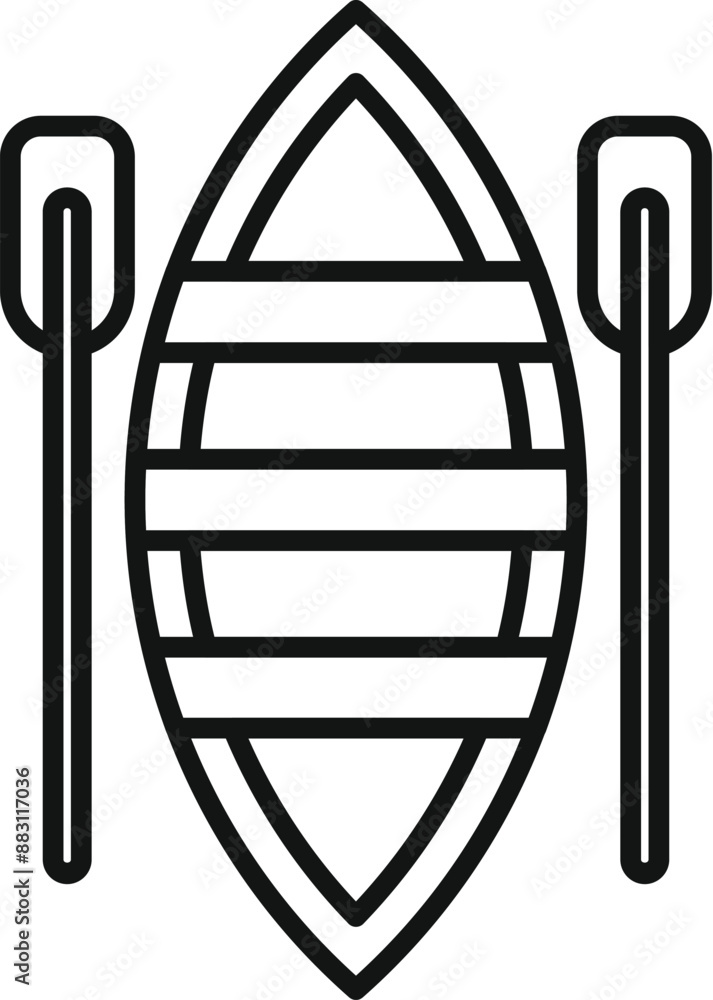 Simple minimal line art icon of a wooden boat with oars for rowing in top view Simple minimal line art icon of a wooden boat with oars for rowing in top view