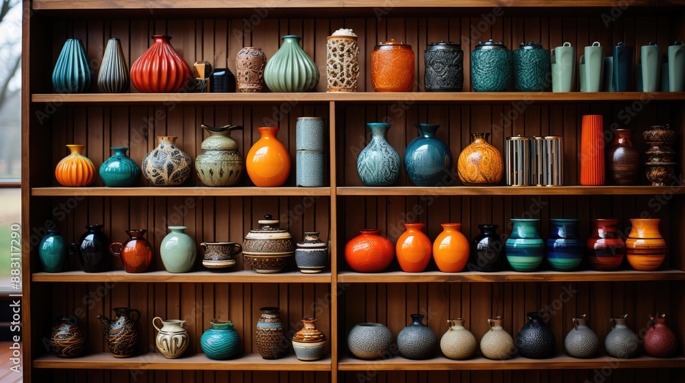 A Shelf Showcasing Handcrafted Objects In The Ceramics Shop  