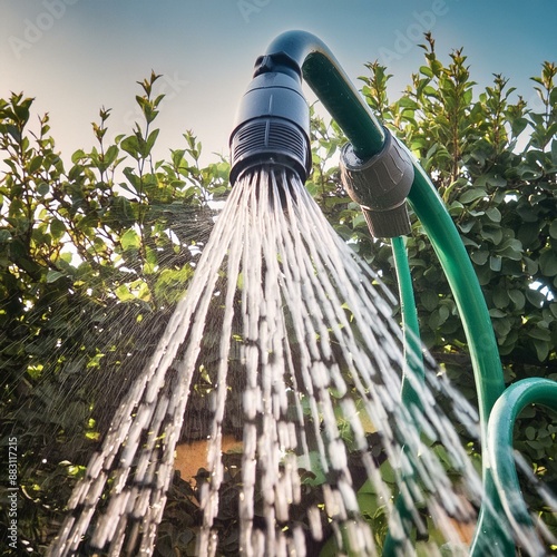 pov extreme closeup of waterdrops coming out of a gardenhose in an unusual angle of gradening hip nature vibe modern style cinematic mood with super green vibe photo