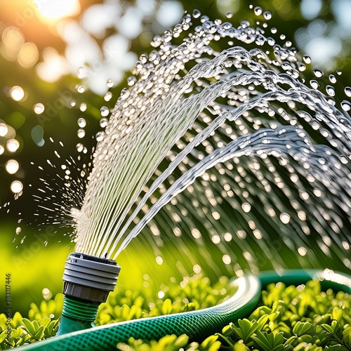 pov extreme closeup of waterdrops coming out of a gardenhose in an unusual angle of gradening hip nature vibe modern style cinematic mood with super green vibe photo