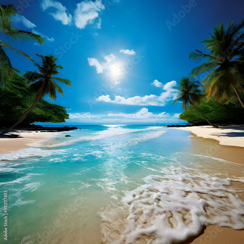 Tropical Beach Paradise with Sun and Waves photo