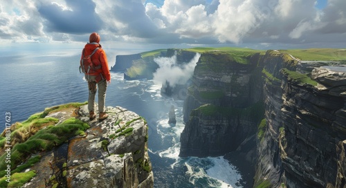 Hiker on the Cliffs of Moher in County Clare, Ireland, During a Cloudy Afternoon