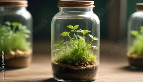 Miniature self-sustaining eco system encapsulated in a glass bottle, presenting a lush, thriving landscape populated by a diverse array of plants