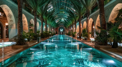 Indoor Swimming Pool With Arched Ceiling and Palm Trees