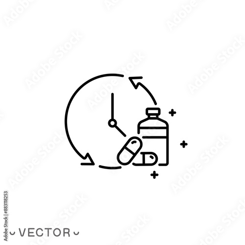time taking dose medication icon, hour pills treatment, ingestion tablets reminder, thin line symbol isolated on white background, editable stroke eps 10 vector illustration
