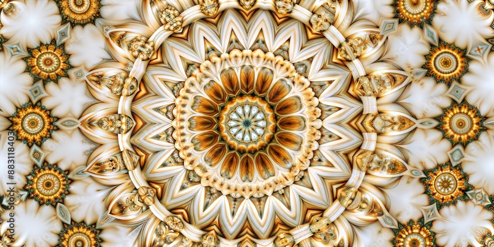 A gold and white flowery design with a large center A gold and white flowery design with a large center