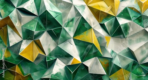 Abstract Geometric Pattern of Green, Yellow, and White Triangles