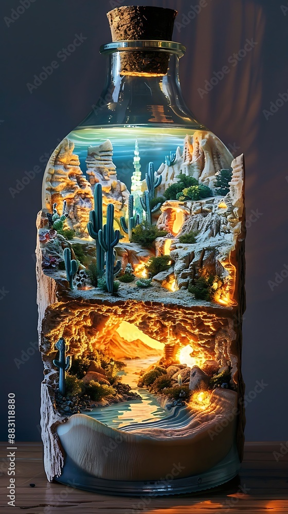 The inner scene of a bottle filled with a miniature desert landscape and a glowing oasis The inner scene of a bottle filled with a miniature desert landscape and a glowing oasis