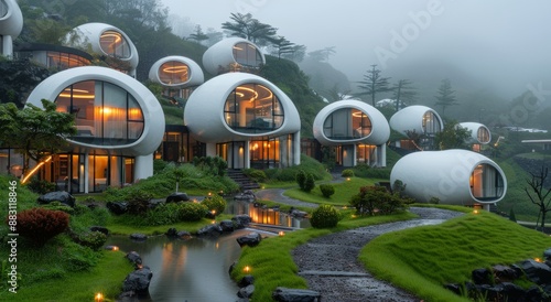 Modern Egg-Shaped Houses on a Misty Mountainside