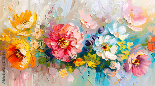 Vibrant Oil Painting of Colorful Flower Blossom Bouquet on Canvas